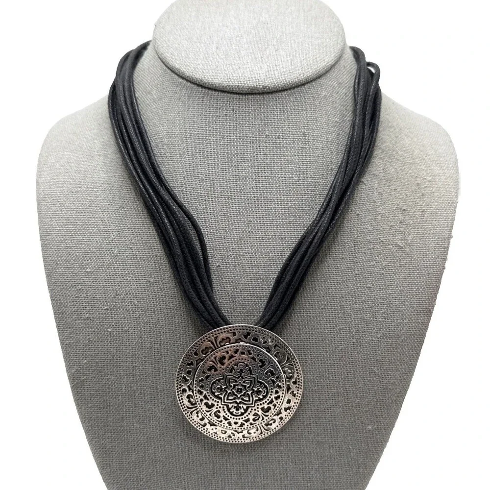 Vintage St. Thomas Pendant Necklace Ornate Amulet Multi Strand Black Cord 20”